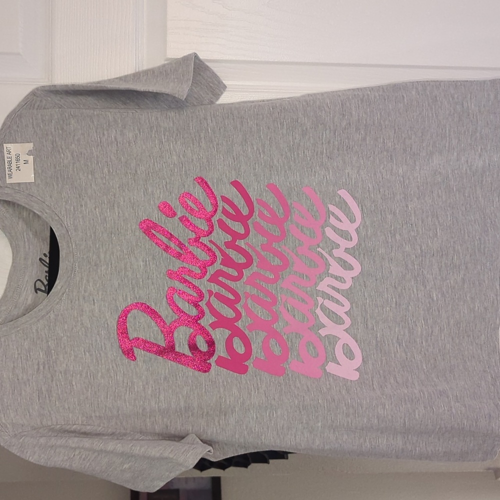 Hybrid Apparel Women's Barbie Logo, Gray T-Shirt with Pink Glitter Logo -Med
